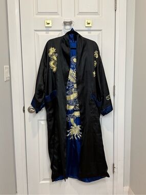 Silk Embroidered Dragon Long Kimono Coat - Black & Royal Blue Reversible #1468